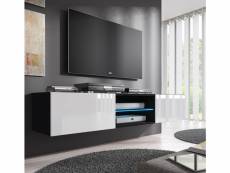 Meuble tv 2 portes 1 vitrine led | 160 x 30 x 38.5cm | noir et blanc finition brillante | modèle tibi TVAM033BLWH