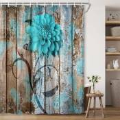 Rideau de douche à fleurs rustiques, ensemble de rideaux de douche de ferme en bois de grange de dahlia floral bleu sarcelle, rideau de douche en