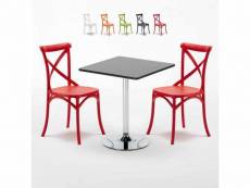 Table carrée noire 70x70cm 2 chaises colorées intérieur bar café vintage mojito