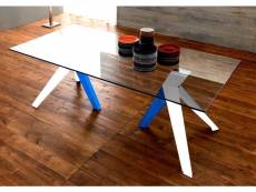 Trio table repas en verre, piétement en bois blanc