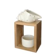 Brûle parfum en bambou et Coquillage en céramique blanc - H16 cm