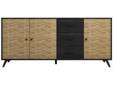 Buffet en mélamine avec motifs effet rotin noire, meuble de rangement - longueur 180.5 x profondeur 40 x hauteur 81 cm