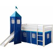 Décoshop26 - Lit mezzanine 90x200cm avec échelle toboggan en bois blanc et toile bleu incluse