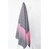 Fouta 100 cm x 200 cm Miami gris foncé rayures rose fluo - 100% coton - finition franges