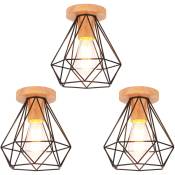 3PCS Diamant Plafonnier Luminaire en Bois Lampe Plafond Vintage Rétro Industrielle Noir