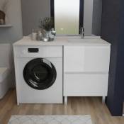 Cuisibane - Meuble pour lave-linge idea, plan vasque déportée 124 cm x 65 cm- Blanc- Vasque à droite - Blanc