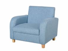 Fauteuil enfant design scandinave grand confort accoudoirs assise dossier garnissage mousse haute densité piètement bois caoutchouc lin bleu