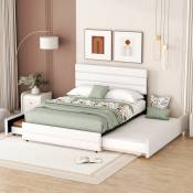 Lit double capitonné avec un lit coulissant et deux tiroirs, 140 x 200 cm, blanc