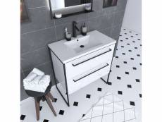 Meuble de salle de bain 80x50cm blanc - 2 tiroirs - vasque resine blanche - pieds et poignées