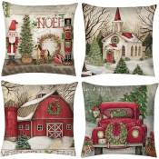 Vert et rouge, 45,7 x 45,7 cm, lot de 4 housses de coussin de Noël, taie d'oreiller carrée en coton avec fermeture éclair, décorations de Noël