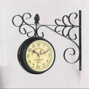 Vintage Art Design Double Face Horloge Murale En Métal Gare Ronde Horloge Supports Support Mural Latéral pour Jardin Maison Salon