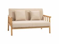 Canapé lounge 2 places - 2 coussins inclus - assise profonde - accoudoirs - structure bois hévéa - aspect lin beige