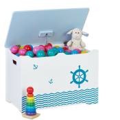 Coffre à jouets, motif maritime, malle de jeux, couvercle, HxLxP : 40x60x34 cm, mdf, bac peluches, bleu-blanc - Relaxdays