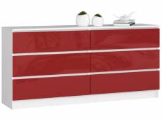 Grande commode pour le salon akord k160 blanche 160 cm 6 tiroirs façade rouge brillante 160x40x77 cm meuble de rangement commode de chambre pour le sa