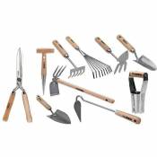 Kit 10 outils de jardin Manche bois Inox et Fer forgés