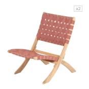 Lot de 2 fauteuils bois d'acacia blanchi 100% FSC corde terracotta