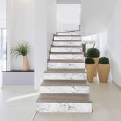 Lot de 3 Contremarches adhésives autocollantes imitation marbre blanc et rayures grises, 19,5 X 100 cm - Revêtement mural décoratif pour sol et murs.