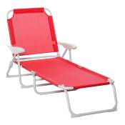 Outsunny Chaise longue bain de soleil pliable transat inclinable 4 positions avec accoudoirs revêtement tissu textilène métal époxy rouge