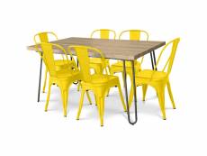 Pack table à manger - design industriel 150cm + pack de 6 chaises à manger - design industriel - hairpin stylix jaune