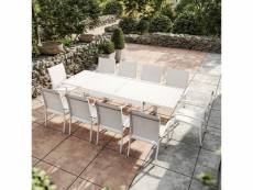 Table de jardin extensible aluminium 270cm + 10 fauteuils empilables textilène - blanc - andra