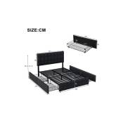 140x200 cm Lit lit rembourré avec 4 tiroirs lit double avec cadre de latte lit de rangement noir