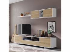 Composition tv blanc-chêne clair - irvine - meuble tv : l 200 x l 41 x h 46 - module murale : l 105 x l 29 x h 35 cm - etagère murale : l 95 x l 21 cm