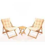 Cotecosy - Ensemble 2 chaises de jardin et 1 table basse Purrault Bois massif clair et Tissu Blanc crème - Bois / Blanc