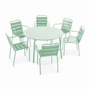 Ensemble table de jardin ronde et 6 fauteuils acier vert sauge - Palavas - Vert