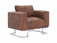 Fauteuil chaise siège lounge design club sofa salon cube marron synthétique daim helloshop26 1102275