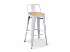 Kosmi - chaise de bar, tabouret haut style industriel avec petit dossier en métal blanc mat et assise en bois naturel clair