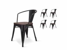 Kosmi - lot de 4 chaises en métal noir et bois foncé style industriel factory en métal noir mat, assise en bois foncé et accoudoirs