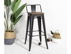 Kosmi - tabouret de bar en métal noir mat et assise en bois foncé avec dossier, chaise de bar tabouret métal et bois haut hauteur 76cm parfait pour ta