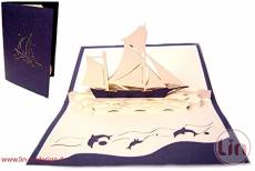 LIN-POP UP Cartes de vœux 3D avec voilier pour félicitations, anniversaire, voyage