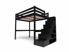 Lit mezzanine bois avec escalier cube sylvia 140x200 noir CUBE140-N