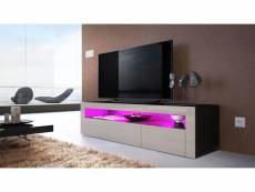 Meuble tv 155 cm noir mat façade gris sable laqué + led