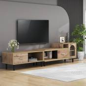 Meuble tv extensible en bois avec 4 compartiments 2 tiroirs 1 porte vitrée - longueur 200 à 278cm - Naturel