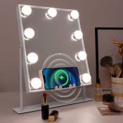 Miroir de maquillage intelligent Avec Bluetooth et miroir led rechargeable sans fil 9 ampoules led dimmables blanc 25cm x 30cm Fenchilin