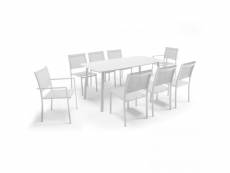 Table de jardin aluminium et pierre, 6 chaises et 2 fauteuils blanc