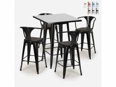 Table haute noire 60x60cm et 4 tabourets style tolix bois métal bucket wood black