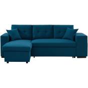Canapé d'angle alpago tissu lin bleu convertible 4 places 2 poufs et étagères - Bleu