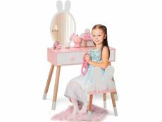 Costway coiffeuse enfant 2 en 1 avec miroir en forme lapin,table de maquillage en bois avec tabouret mignon,2 tiroirs,étagère de rangement,style de pr
