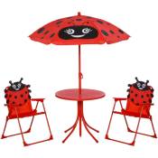 Ensemble salon de jardin enfant 4 pcs design coccinelle - table ronde + 2 chaises pliables + parasol - métal époxy oxford rouge - Rouge