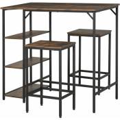 Ensemble table de bar 3 étagères 2 tabourets style industriel métal noir aspect vieux bois veinage - Marron