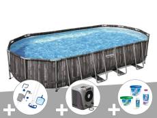 Kit piscine tubulaire ovale Bestway Power Steel décor bois 7,32 x 3,66 x 1,22 m + Kit de traitement au chlore + Kit d'entretien Deluxe + Pompe à chale