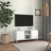 Meuble tv avec pieds en bois Blanc brillant 103,5x35x50 cm Vidaxl Blanc brillant