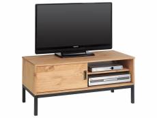 Meuble tv selma banc télé de 98 cm au style industriel design vintage avec 1 porte coulissante, en pin massif teinté brun clair