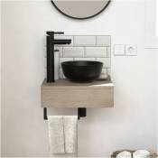 Mob-in - Meuble lave-mains soho plan épais vasque noire + robinet - Décor chêne