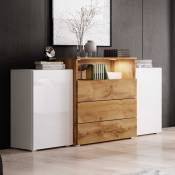 Mobilier Deco - colby - Buffet commodes 2 portes 3 tiroirs blanc et bois avec led - Blanc