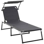 Outsunny Bain de soleil transat chaise longue pliable grand confort dossier pare-soleil réglables multi-positions alu. textilène gris