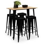 Table haute de bar lenny 100 cm noir plateau bois et 4 tabourets de bar métal noir mat empilables